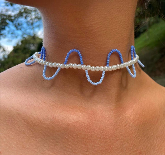 Collar "Olas y Perlas" – Perlas y Mostacilla 🤍💘🩵